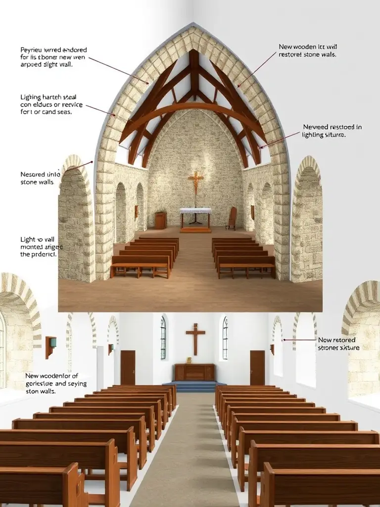A detailed architectural drawing or 3D rendering showcasing the planned improvements and restoration work for the Peyrieu church interior.
