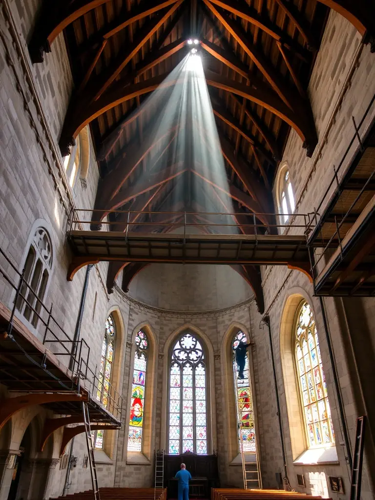 An image depicting the ongoing interior renovation work inside the Peyrieu church, highlighting the progress made and the skilled craftsmanship involved.