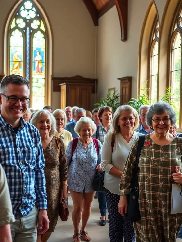 A photograph capturing a community engagement event organized by the PARISH ASSOCIATION OF PEYRIEU, with local residents participating in a guided tour of the church.