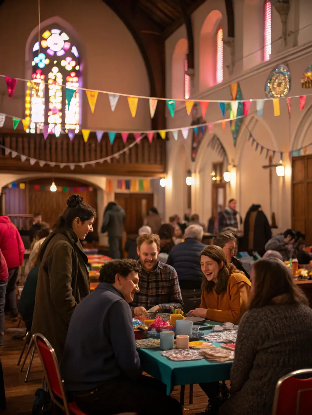 A photograph depicting volunteers participating in a fundraising event organized by the PARISH ASSOCIATION OF PEYRIEU, with attendees enjoying food and games.